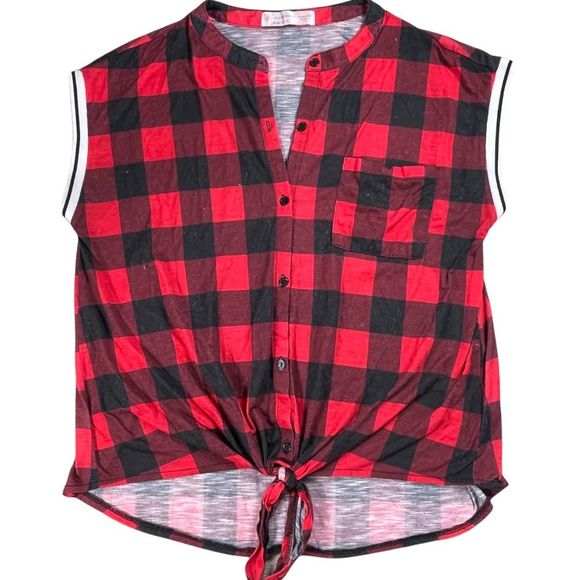 4/$32 No Boundaries 📌 size Xl red black checkered shirt bottom knot button down - Picture 3 of 8